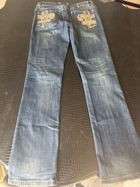 Zenim Blue Flare Jeans with Embroidered Back Pockets with Rhinestones